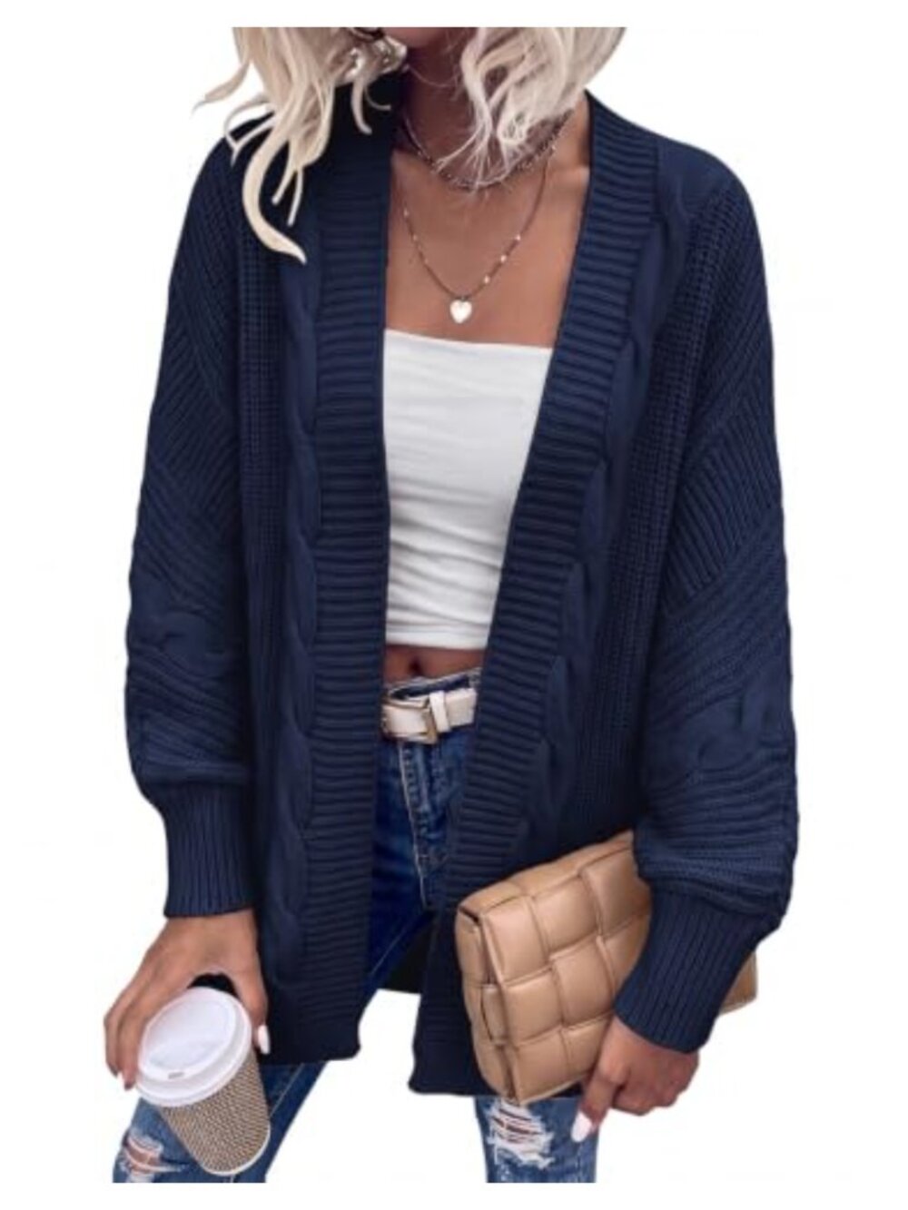 Cable Knit Open Front Cardigan Sweater Loose Fit Long Sleeve Fall Outerwear